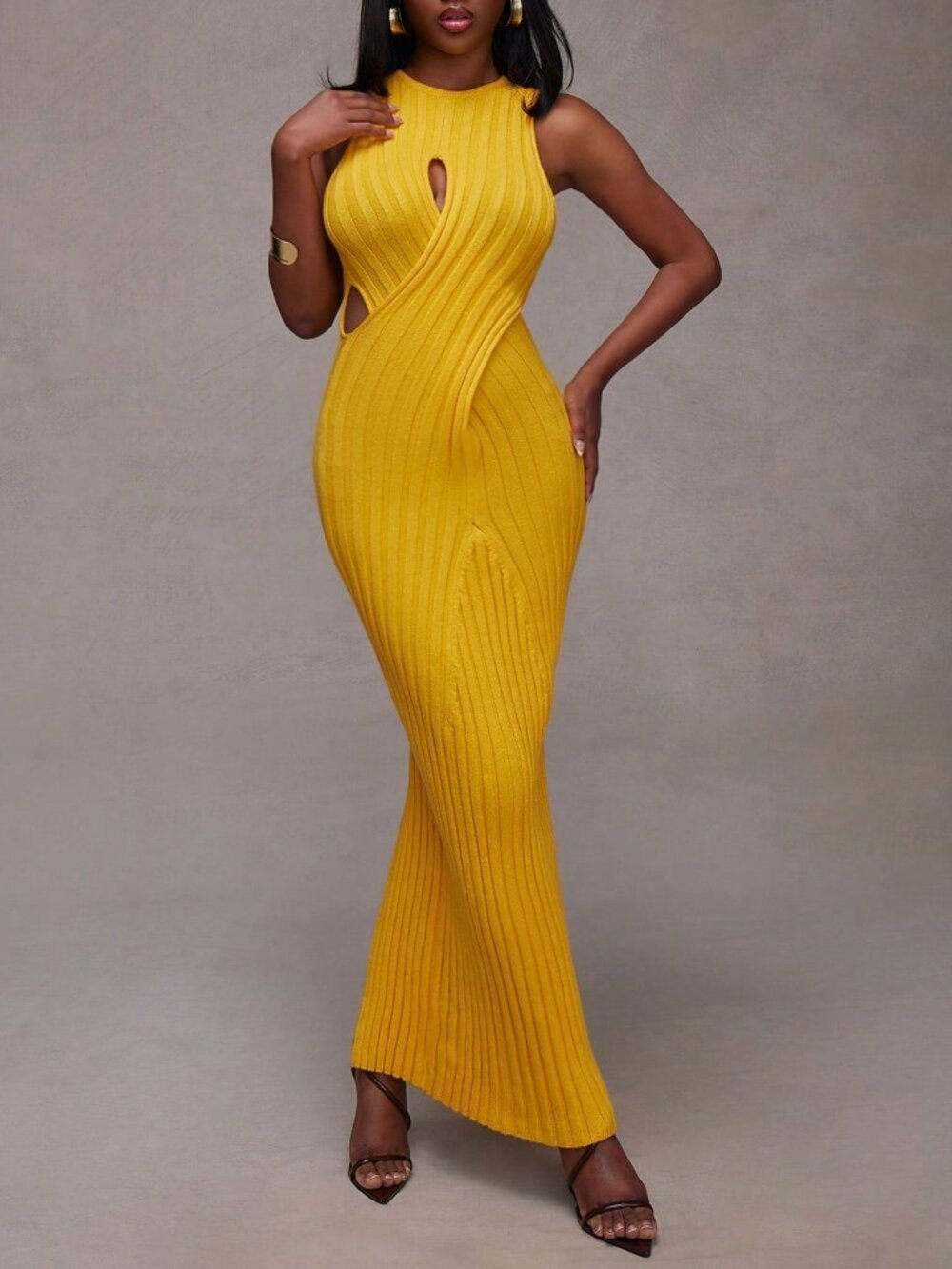 Yellow Sexy Women's Cut Out Criss Cross Bodice Fitted Bodycon Knit Maxi dress - Picture 5 of 6